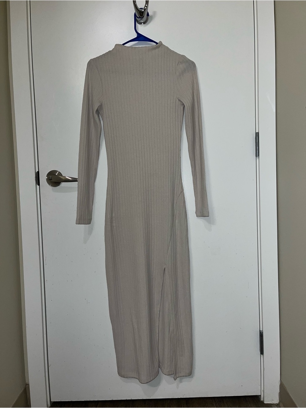 Ribbed Long Sleeve Beige Midi Dress w/ Slit